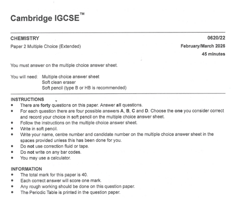 CIE IGCSE Chemistry (Extended)  Feb March  2026   Question Papers