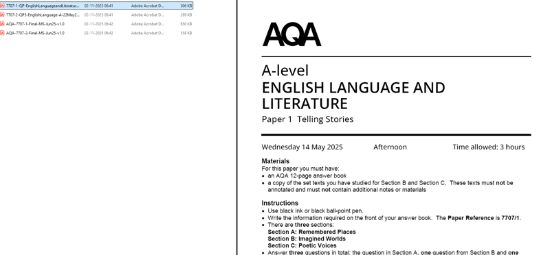 AQA A LEVEL ENGLISH LANGUAGE & LITERATURE 2025 PAPERS WITH MARKSCHEMES