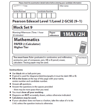 EDEXCEL GCSE MATHS MOCK SET 9  PAPERS WITH MARKSCHEMES