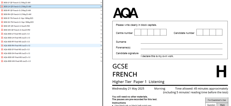 AQA GCSE FRENCH  2025 JUNE PAPERS WITH MARKSCHEMES