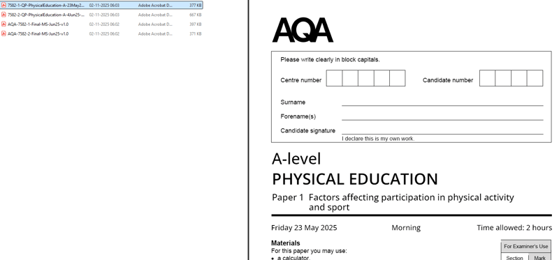 AQA A LEVEL  PHYSICAL EDUCATION  2025 PAPERS WITH MARKSCHEMES