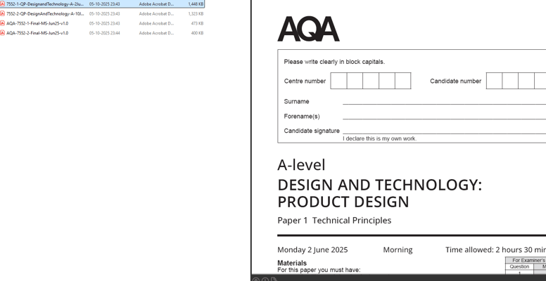 AQA A LEVEL DESIGN AND TECHNOLOGY 2025 JUNE QUESTION PAPERS WITH MARKING SCHEME