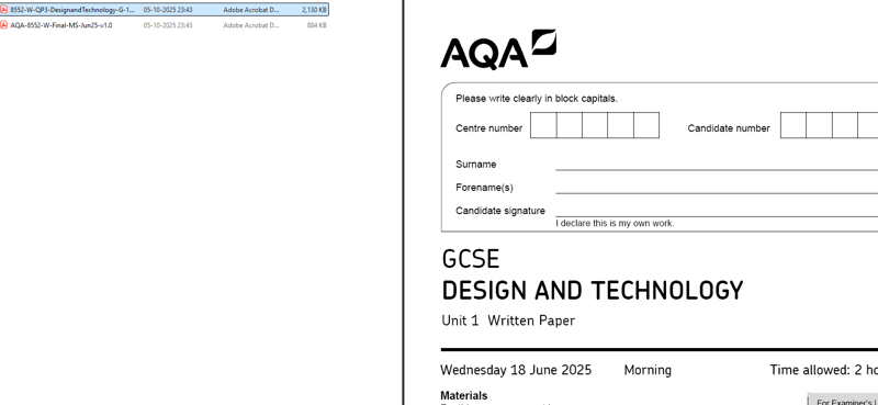 AQA GCSE DESIGN AND TECHNOLOGY 2025 JUNE PAPERS WITH MARKSCHEMES