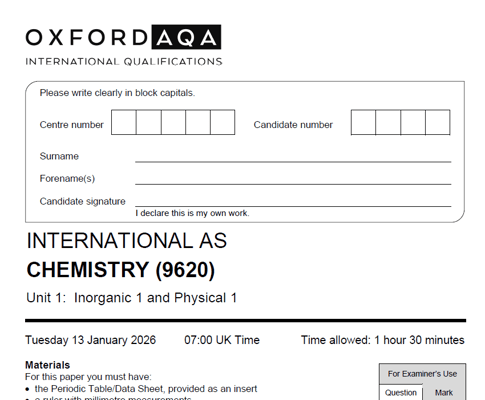 OXFORD AQA AS LEVEL CHEMISTRY 2026 JANUARY PAPERS WITH MARKSCHEMES