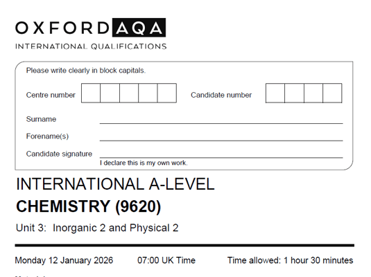 OXFORD AQA A LEVEL CHEMISTRY 2026 JANUARY PAPERS WITH MARKSCHEMES