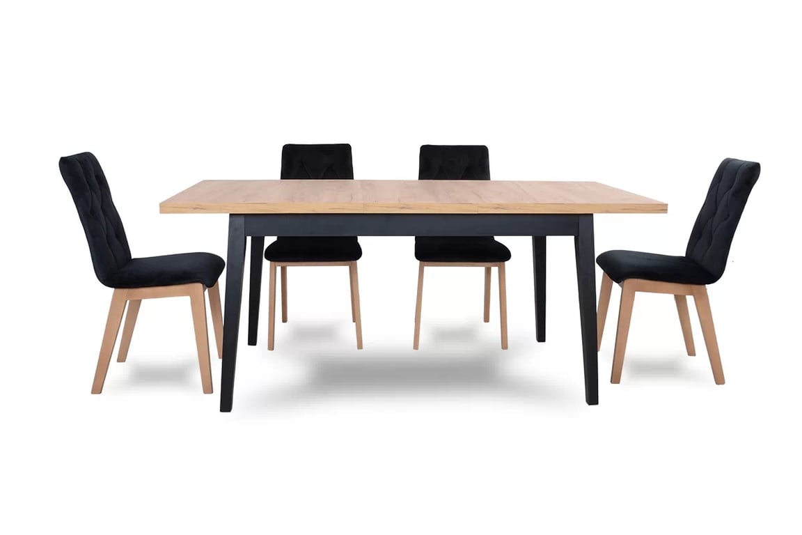 Rozkládací jídelní stůl Paris 160-200 cm - dub sonoma / bílé nohy Stůl i Černá Židle