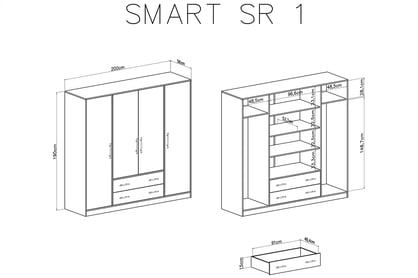 Skriňa s dvoma zásuvkami i zrkadlami Smart SRL1 - artisan Skriňa štvordverová s dvoma zásuvkami i zrkadlami Smart SRL1 - artisan - Rozmery