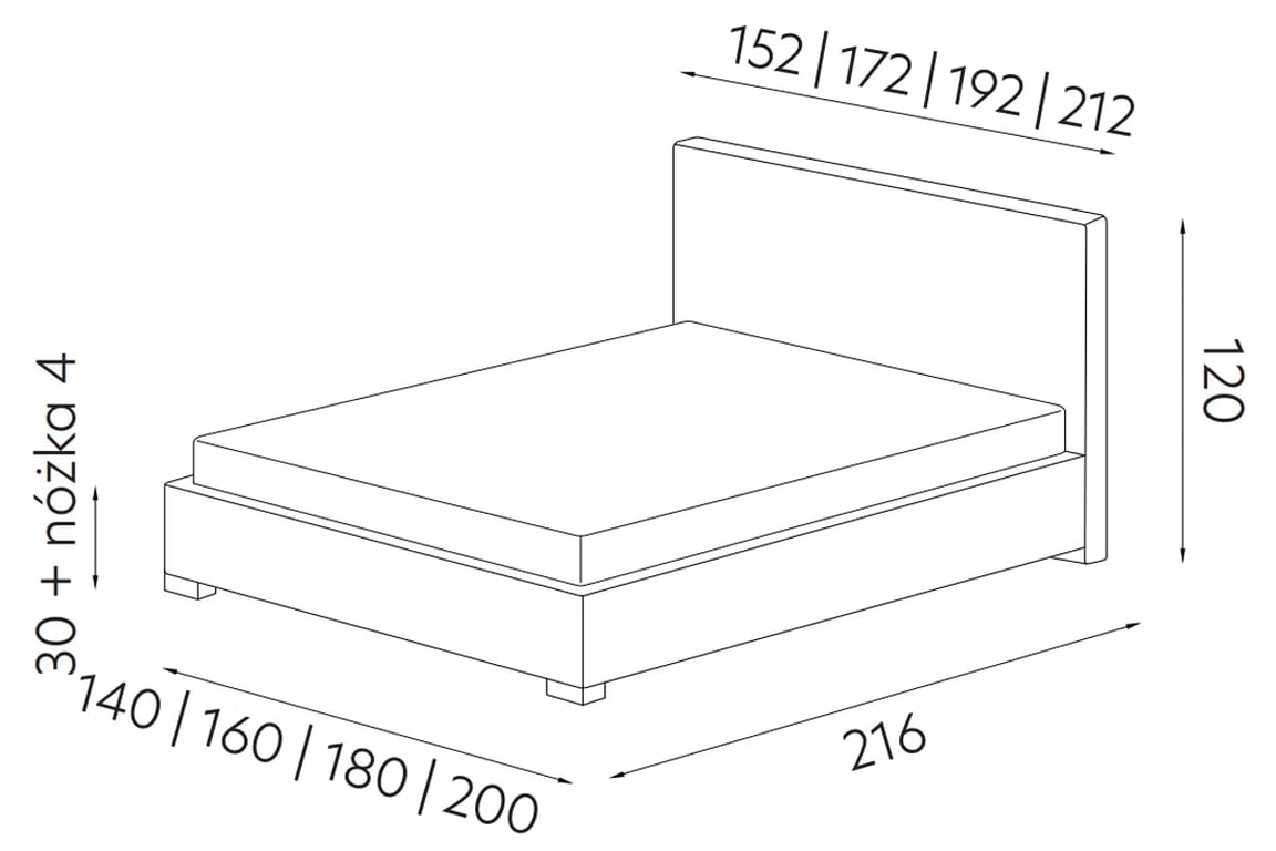 Čalouněná postel 160x200 Porto z regulowanym zaglowkiem a úložným prostorem postel čalouněné 160x200 Porto z regulowanym zaglowkiem a úložným prostorem - Rozměry