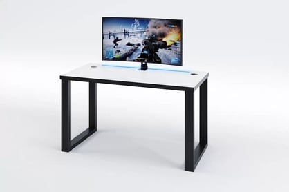 Seman gaming íroasztal, acél lábakon, LED sávval - fehér / fekete