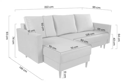 Nylion összecsukható sarokkanapé, tárolókkal - szürke Velúr Velluto 16 / fekete lábak Sarokkanapé rozkladany tárolokkal Nylion - szürke Velúr Velluto 16, Lábak fekete