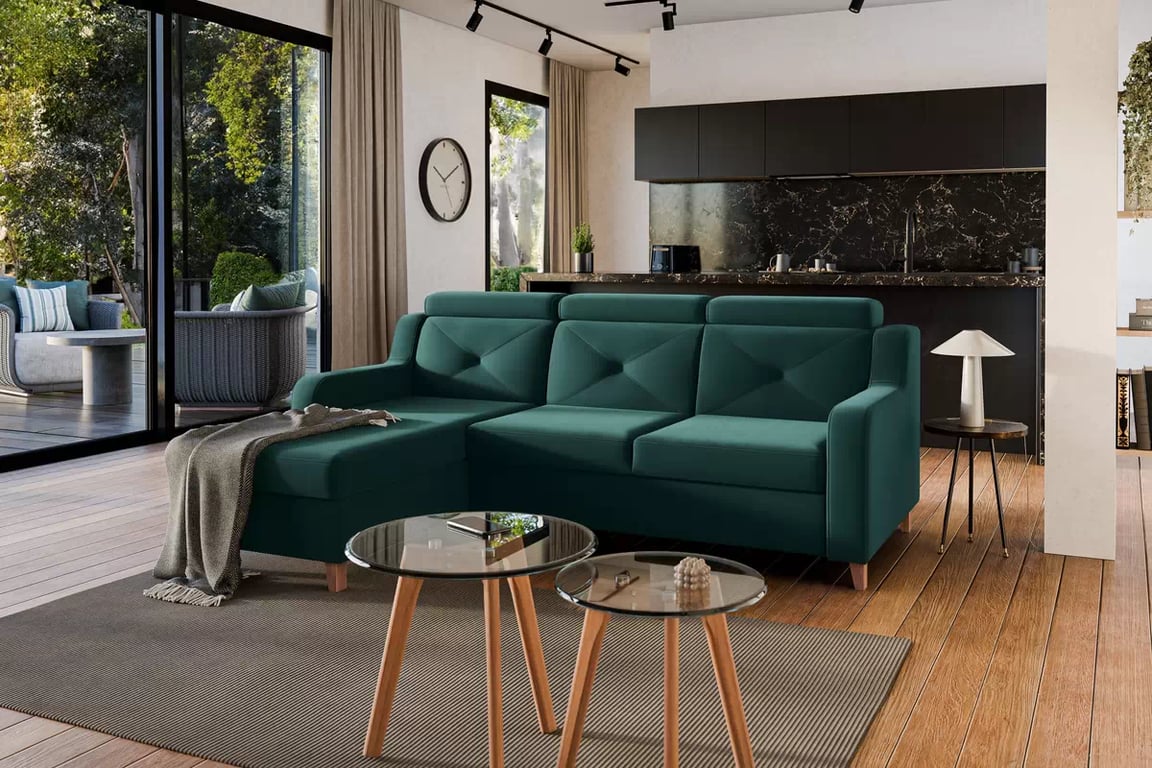 Colţar Laksaro stânga extensibil - verde catifea Trinity 28 Canapea pe partea stângă extensibila Laksaro - verde catifea Trinity 28