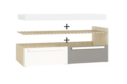 Mládežnícka posteľ Jowiza 17 so zásuvkami 90x200 - buk fjord / biely / šedá platyna Posteľ mlodziezowe Jowiza 17 so zásuvkami 90x200 - buk fjord / Biely / šedá platyna