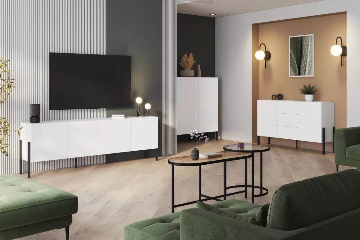skříňka RTV Jukon 204 cm - bílá supermat / černé nožičky - Výprodej z expozice skříňka RTV Wezilo 204 cm - bílá supermat / černé nožičky - Výprodej z expozice
