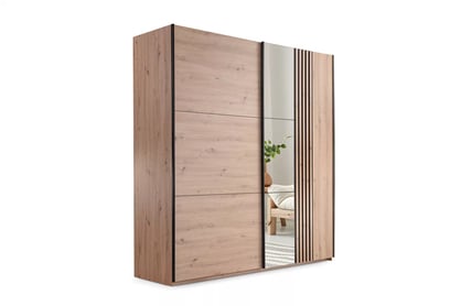 Dulap cu oglindă Sintra 250 cm cu uși glisante și lamele decorative - stejar artizanal / negru