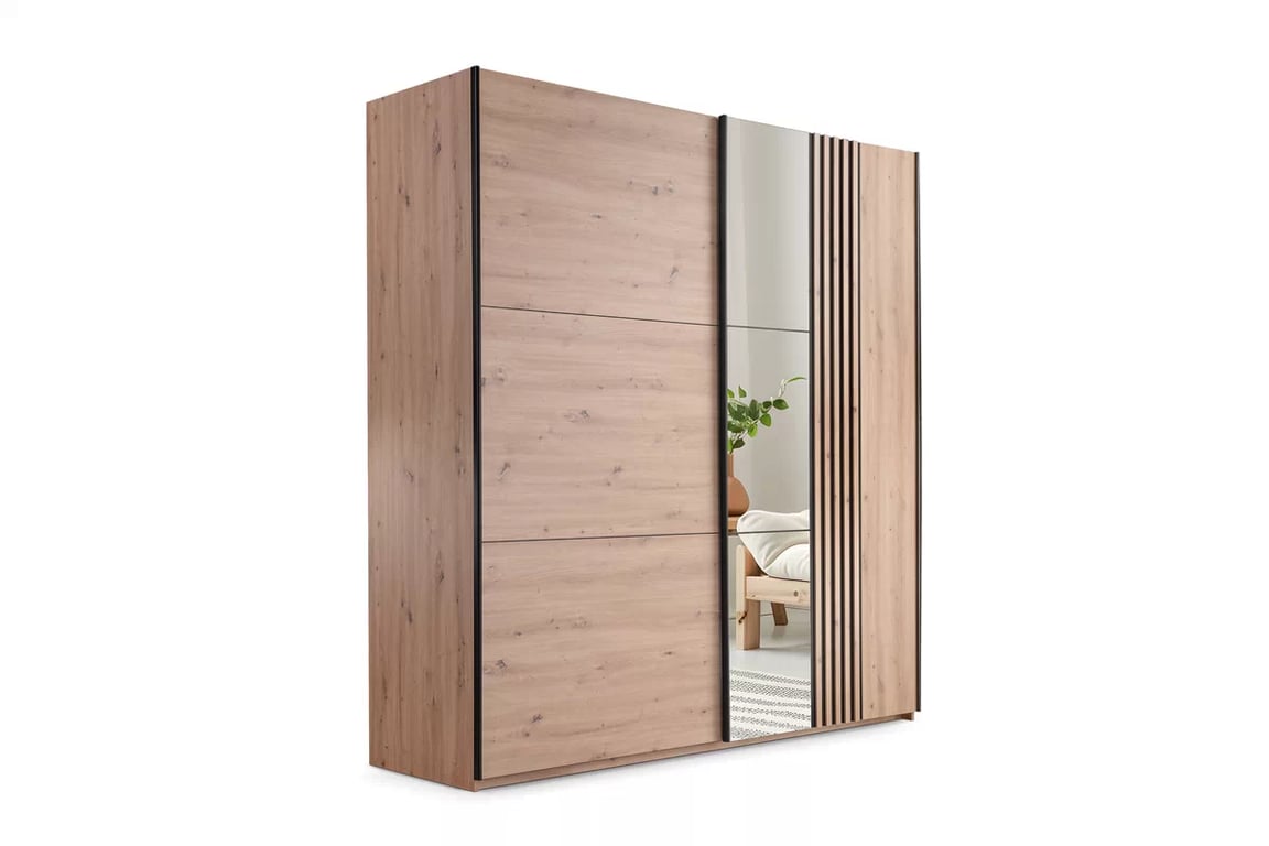 Dulap cu oglindă Sintra 250 cm cu uși glisante și lamele decorative - stejar artizanal / negru dulap z oglindă Jonari 250 cm przesuwna z lamelami - stejar artizanal / negru  