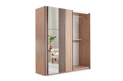 Dulap cu oglindă Sintra 250 cm cu uși glisante și lamele decorative - stejar artizanal / negru dulap z oglindă Jonari 250 cm przesuwna z lamelami - stejar artizanal / negru  
