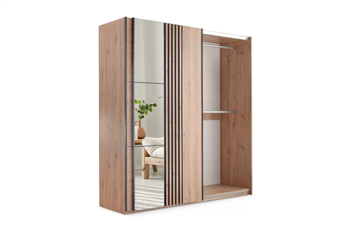 Dulap cu oglindă Sintra 250 cm cu uși glisante și lamele decorative - stejar artizanal / negru dulap z oglindă Jonari 250 cm przesuwna z lamelami - stejar artizanal / negru  