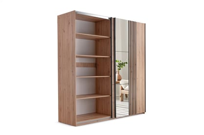 Dulap cu oglindă Sintra 250 cm cu uși glisante și lamele decorative - stejar artizanal / negru dulap z oglindă Jonari 250 cm przesuwna z lamelami - stejar artizanal / negru  