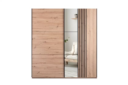 Dulap cu oglindă Sintra 250 cm cu uși glisante și lamele decorative - stejar artizanal / negru dulap z oglindă Jonari 250 cm przesuwna z lamelami - stejar artizanal / negru  