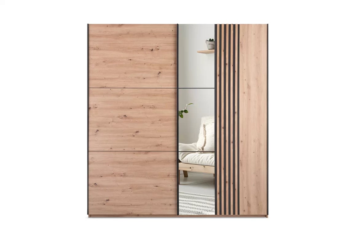 Dulap cu oglindă Sintra 250 cm cu uși glisante și lamele decorative - stejar artizanal / negru dulap z oglindă Jonari 250 cm przesuwna z lamelami - stejar artizanal / negru  