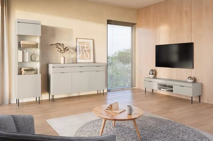 Dulap TV Sentia 157 cm pe bază metalică - cașmir / negru - Vânzarea de la expoziție  Dulap TV Sentia 157 pe bază de metal - cașmir/ negru - Vânzarea de la expoziție 