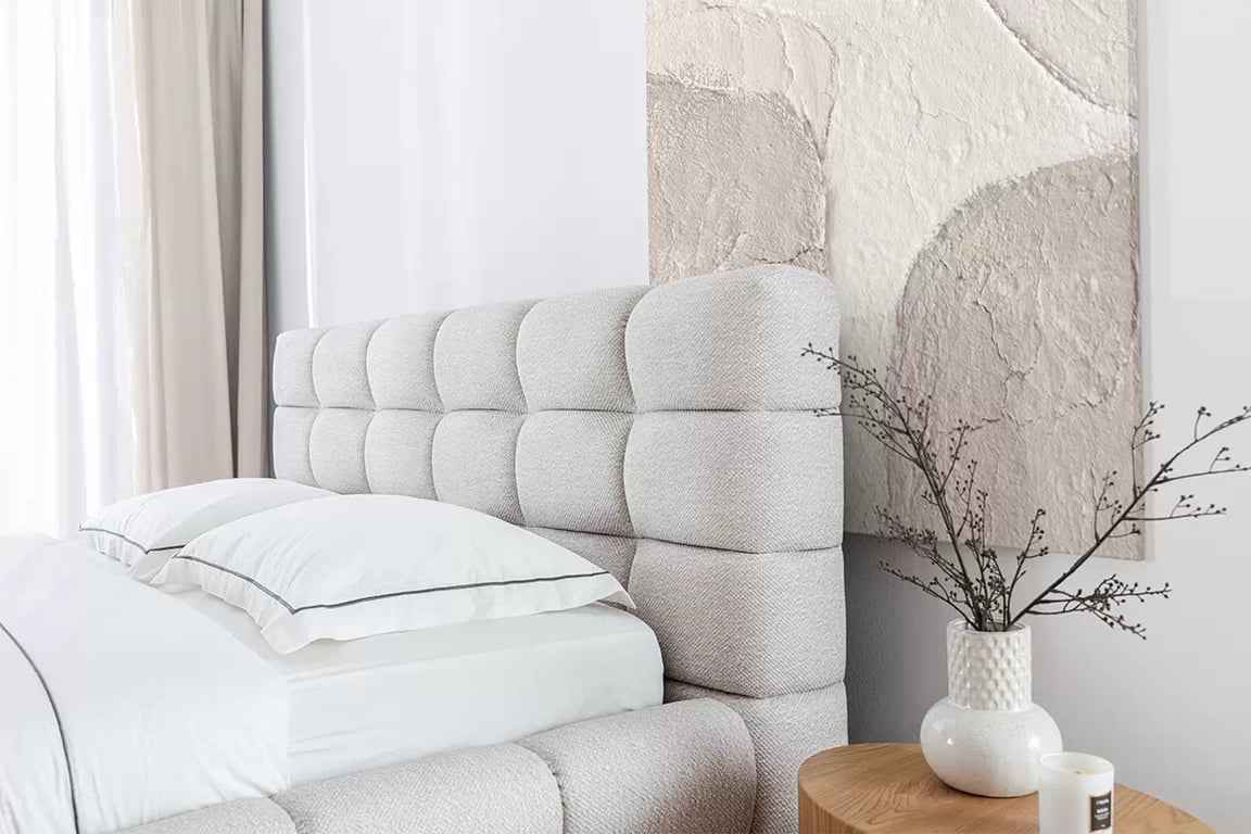 Pat tapițat Magnelio 160x200 cu ladă de depozitare - bej țesătură ușor de curățat Leo 03   Lozko pentru dormitor Magnelio 160x200 cu spațiu de depozitare - bezowa Tesătură de acoperire ușor de curățat Leo 03