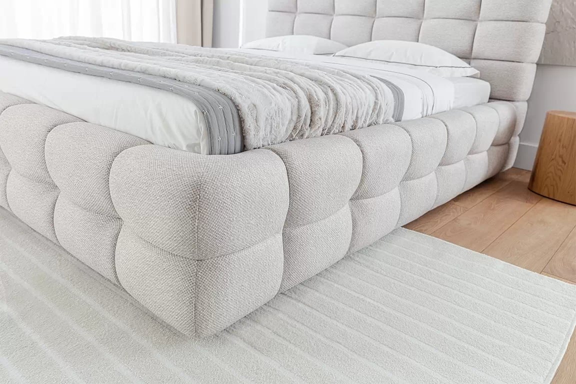 Pat tapițat Magnelio 160x200 cu ladă de depozitare - bej țesătură ușor de curățat Leo 03   Lozko pentru dormitor Magnelio 160x200 cu spațiu de depozitare - bezowa Tesătură de acoperire ușor de curățat Leo 03