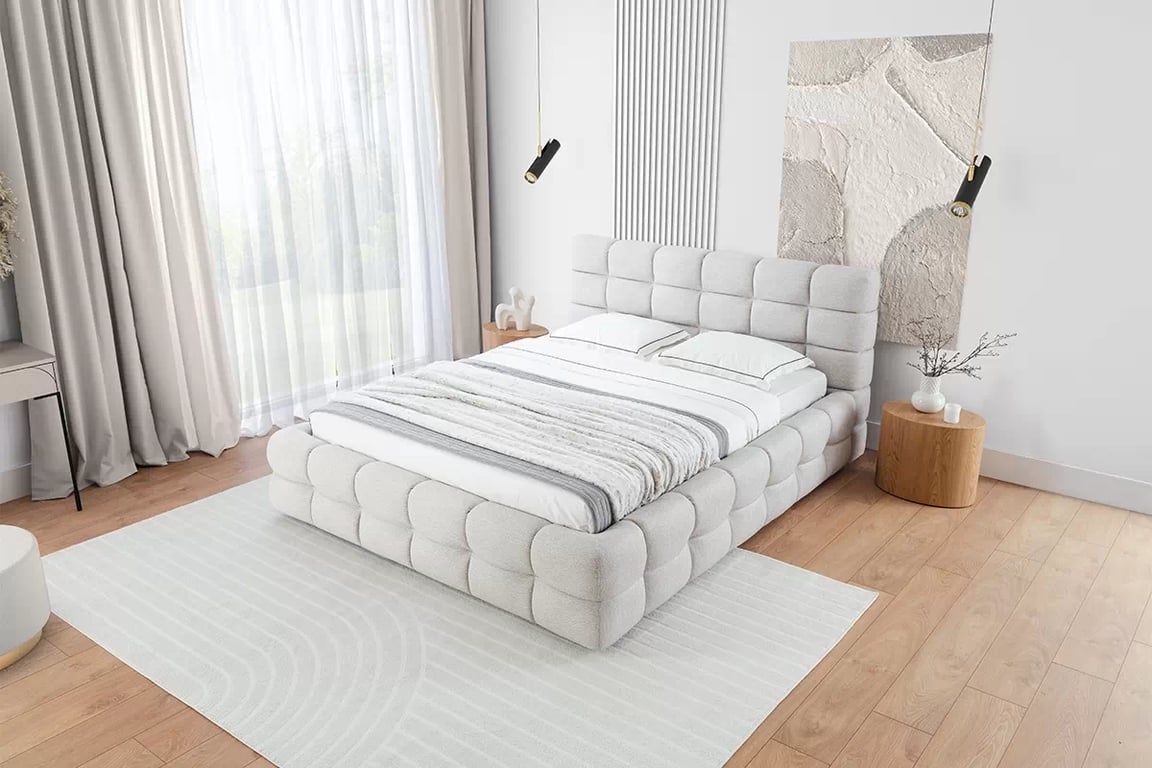 Pat tapițat Magnelio 160x200 cu ladă de depozitare - bej țesătură ușor de curățat Leo 03   Lozko pentru dormitor Magnelio 160x200 cu spațiu de depozitare - bezowa Tesătură de acoperire ușor de curățat Leo 03