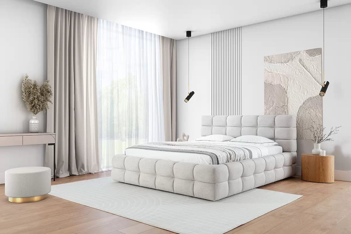 Pat tapițat Magnelio 160x200 cu ladă de depozitare - bej țesătură ușor de curățat Leo 03   Lozko pentru dormitor Magnelio 160x200 cu spațiu de depozitare - bezowa Tesătură de acoperire ușor de curățat Leo 03