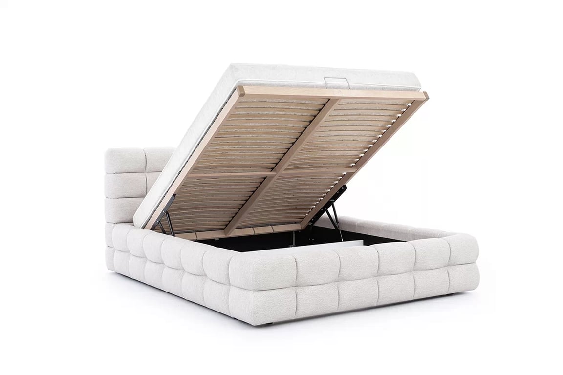 Pat tapițat Magnelio 160x200 cu ladă de depozitare - bej țesătură ușor de curățat Leo 03   Lozko pentru dormitor Magnelio 160x200 cu spațiu de depozitare - bezowa Tesătură de acoperire ușor de curățat Leo 03