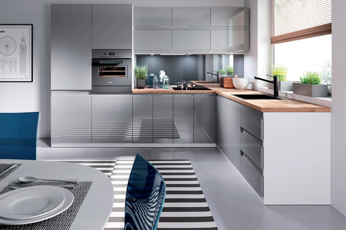 Set mobilă bucătărie Aspen 300x210 cm – gri lucios Kuchyně Aspen Šedý lesk - Komplet nábytku kuchyňského