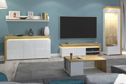 Komoda Theo THK -2 Dub riviera / biely lesk Komplet nábytku s osvetlením 