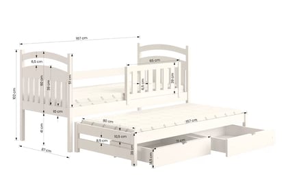 Amely gyerekágy, kihúzható alsószinttel - fenyőfa / 80x160 Amely gyerekágy, kihúzható alsószinttel - méretek