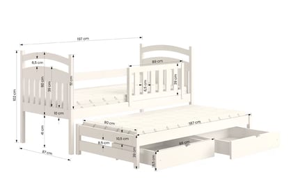 Amely gyerekágy, kihúzható alsószinttel - fehér / 80x190 Amely gyerekágy, kihúzható alsószinttel - méretek