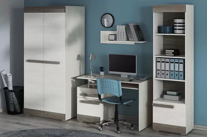 Birou Tonemo 11 cu sertar 119 cm - pin de zăpadă / new grey birou de scris mlodziezowe Blanco 11 cu sertar i polka na klawiature 119 cm - pin sniezna / new grey