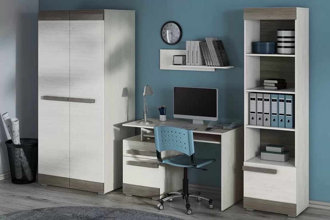 Birou Tonemo 11 cu sertar 119 cm - pin de zăpadă / new grey birou de scris mlodziezowe Blanco 11 cu sertar i polka na klawiature 119 cm - pin sniezna / new grey