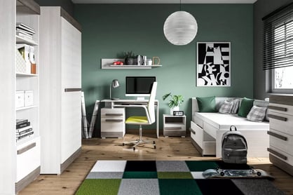 Birou Tonemo 11 cu sertar 119 cm - pin de zăpadă / new grey birou de scris mlodziezowe Blanco 11 cu sertar i polka na klawiature 119 cm - pin sniezna / new grey