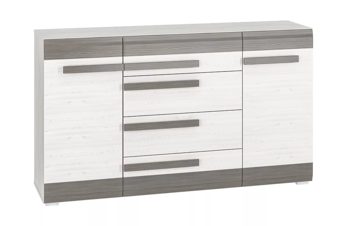 Comodă Tonemo 06 cu patru sertare 165 cm - pin de zăpadă / new grey cu două uși Comoda Blanco 06 cu sertare 165 cm - pin sniezna / new grey