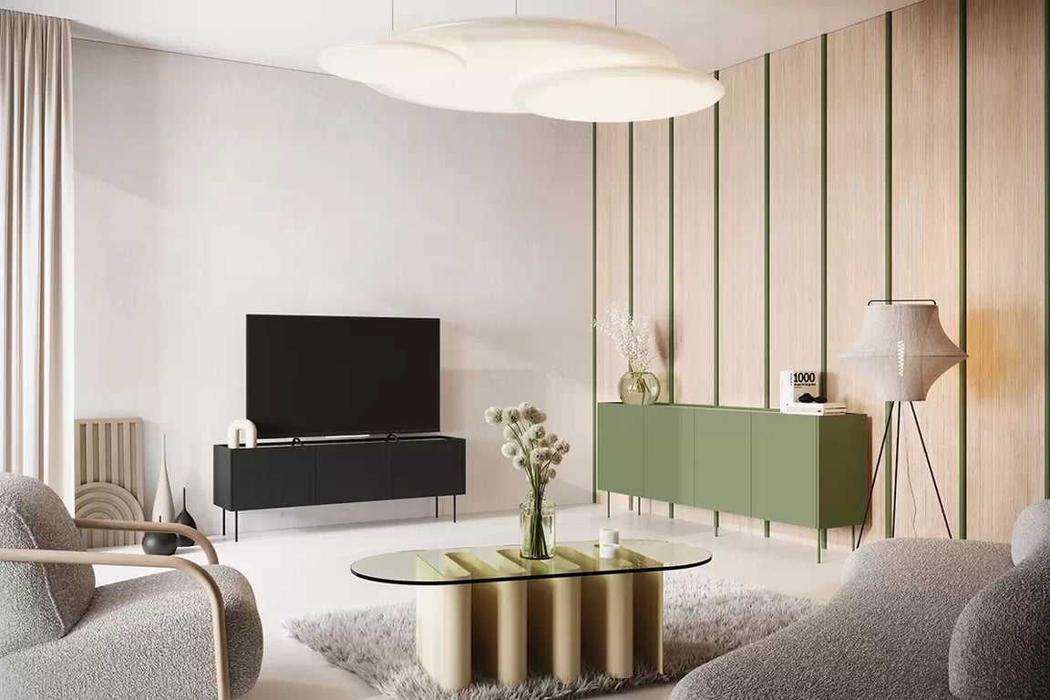 Comodă solidă cu patru sertare ascunse Desin 220 4U4S - olive / Stejar nagano Comodă cu sertare cu patru sertare ascunse Desin 220 4U4S - Oliva / stejar nagano - aranjament