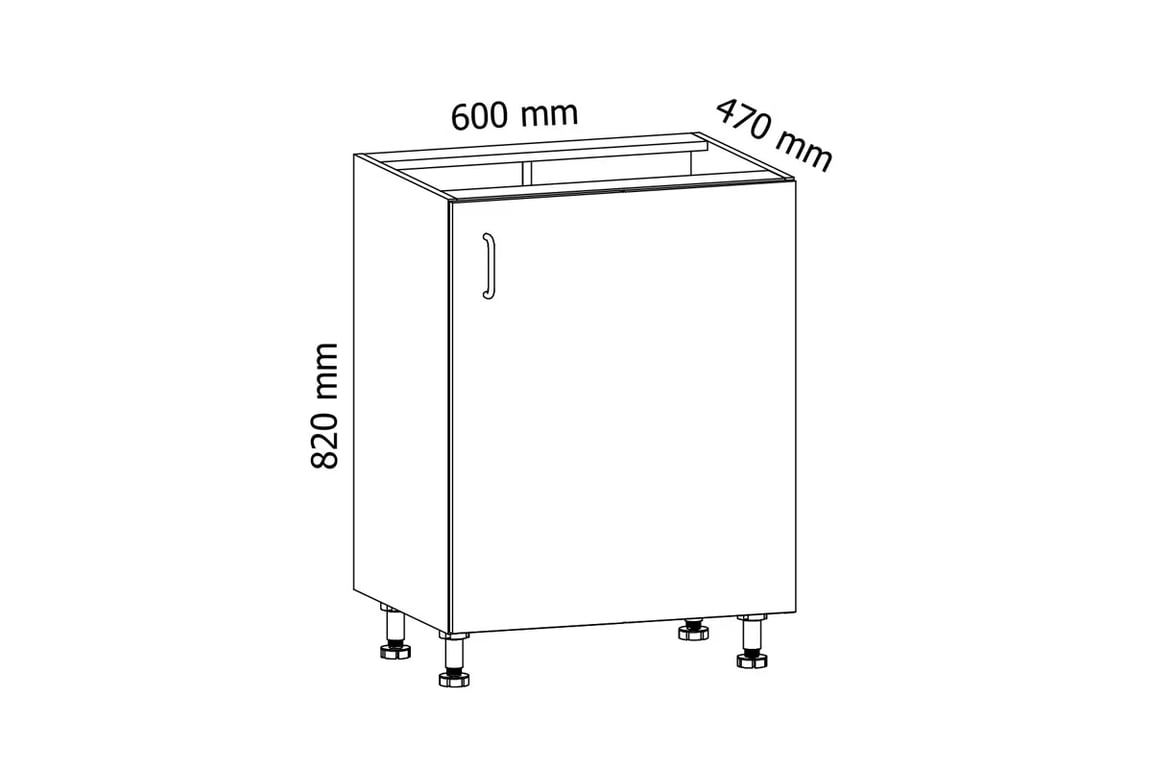 Dulap de bucătărie de bază Aspen D60 cu o ușă – gri lucios Szafka Bucătărie partea inferioară ușă simplă Aspen D60 P/L - Dimensiuni