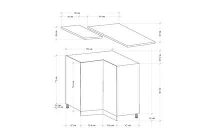 Dulap de bucătărie de bază Aspen D90N colțar cu două uși – gri lucios Szafka Bucătărie partea inferioară colț Aspen D90N - Dimensiuni 