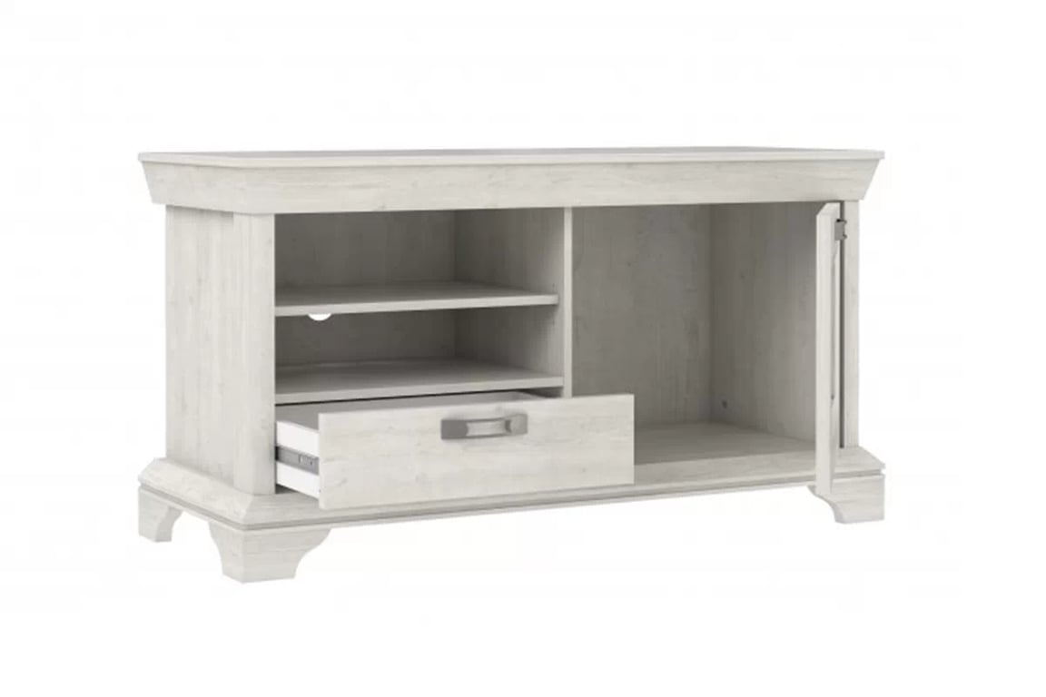 Stolík pod TV Kashmir 120 cm - biela pinia TV skrinka Kashmir mini z policami i szuflada - pinia Biela 