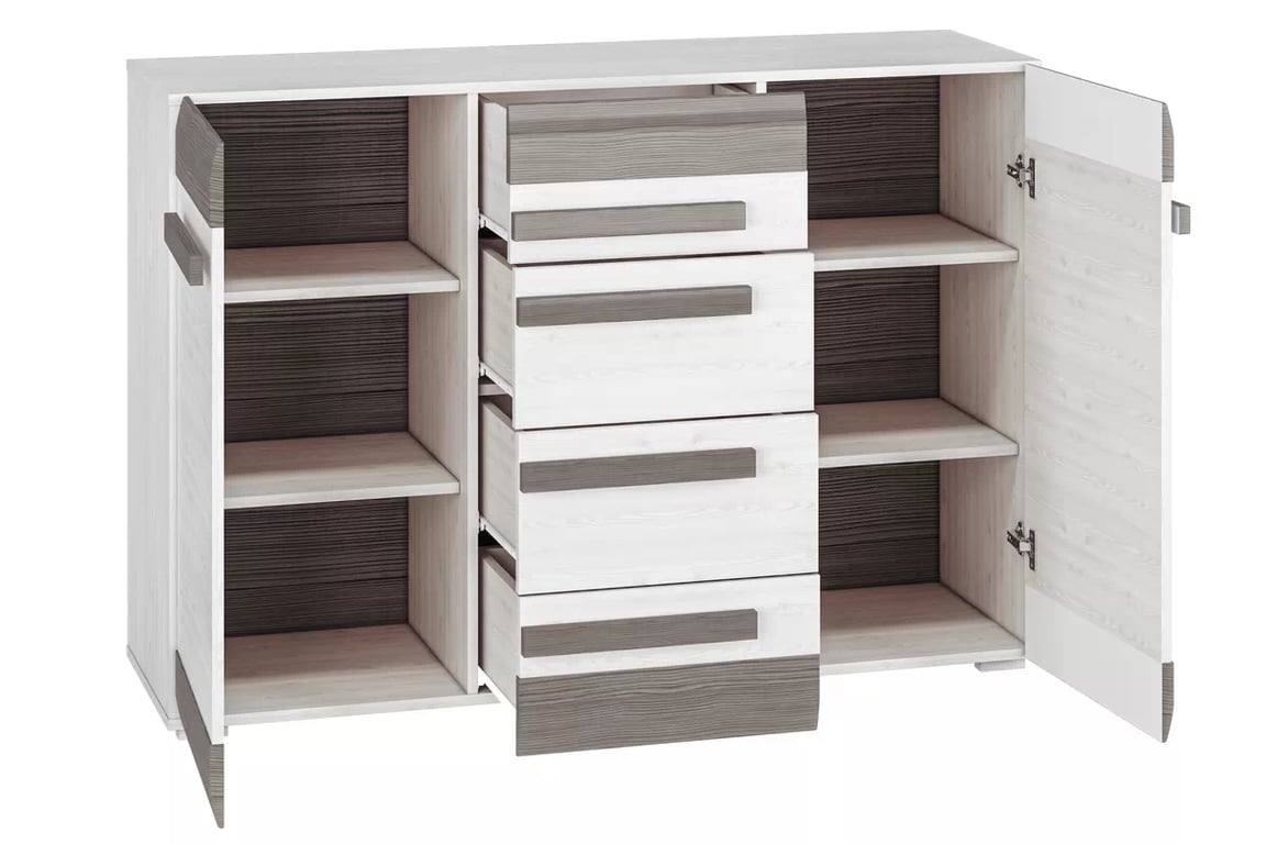 Comodă Tonemo 07 cu sertare 138 cm - pin de zăpadă / new grey cu două uși Comoda Blanco 07 cu sertare 138 cm - pin sniezna / new grey