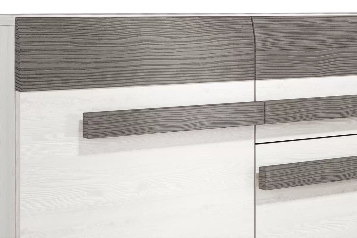 Comodă Tonemo 07 cu sertare 138 cm - pin de zăpadă / new grey cu două uși Comoda Blanco 07 cu sertare 138 cm - pin sniezna / new grey