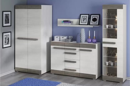 Comodă Tonemo 07 cu sertare 138 cm - pin de zăpadă / new grey cu două uși Comoda Blanco 07 cu sertare 138 cm - pin sniezna / new grey