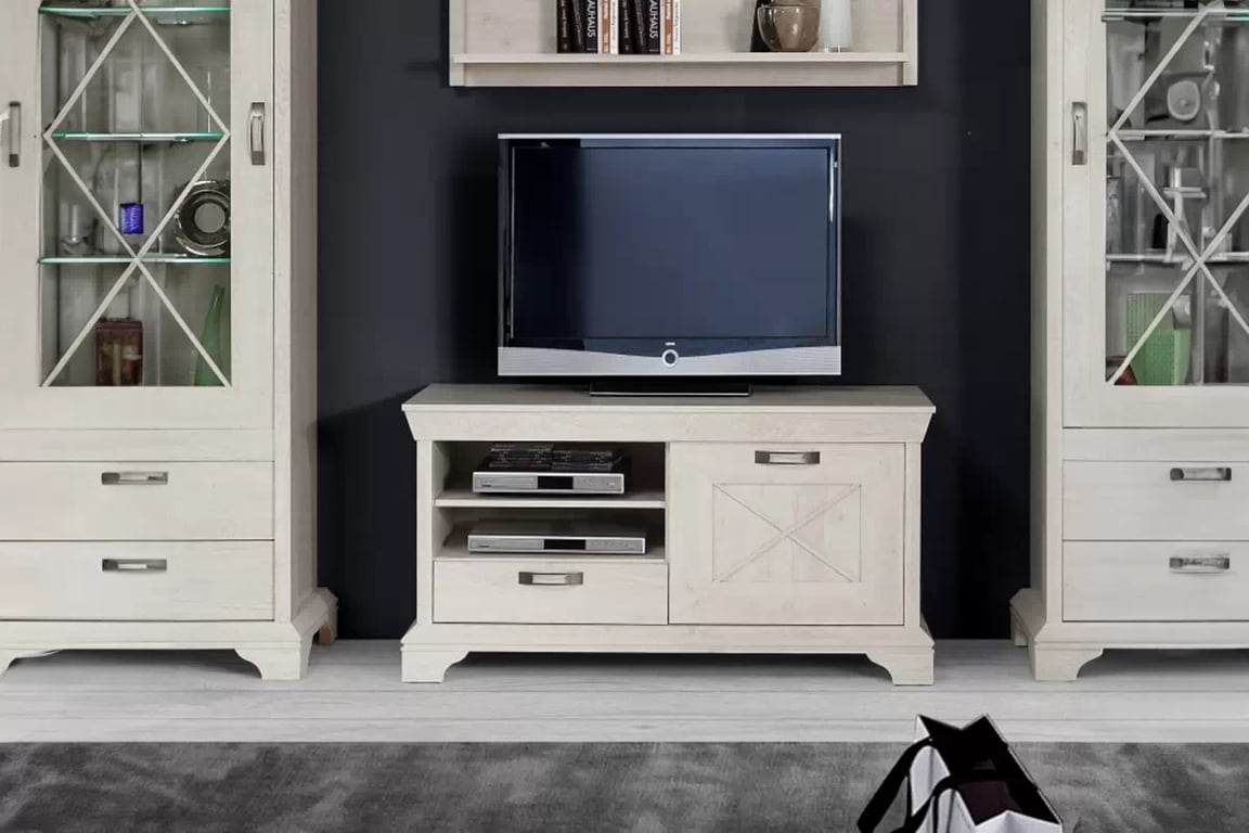 Stolík pod TV Kashmir 120 cm - biela pinia TV skrinka Kashmir mini z policami i szuflada - pinia Biela 