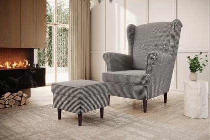 Křeslo ušák Vilano s podnožkou - vzor Kenia 700 / nohy venge Křeslo Ušák Vilano z podnozkiem - wzor pepitka Kenia 700, Nohy wenge