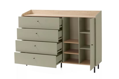 Comodă Wodi 155 cm cu sertare - eucalipt / dąb baltic dune Comoda Alessio 7 cu sertare 155 cm - eukaliptus / stejar olejowany