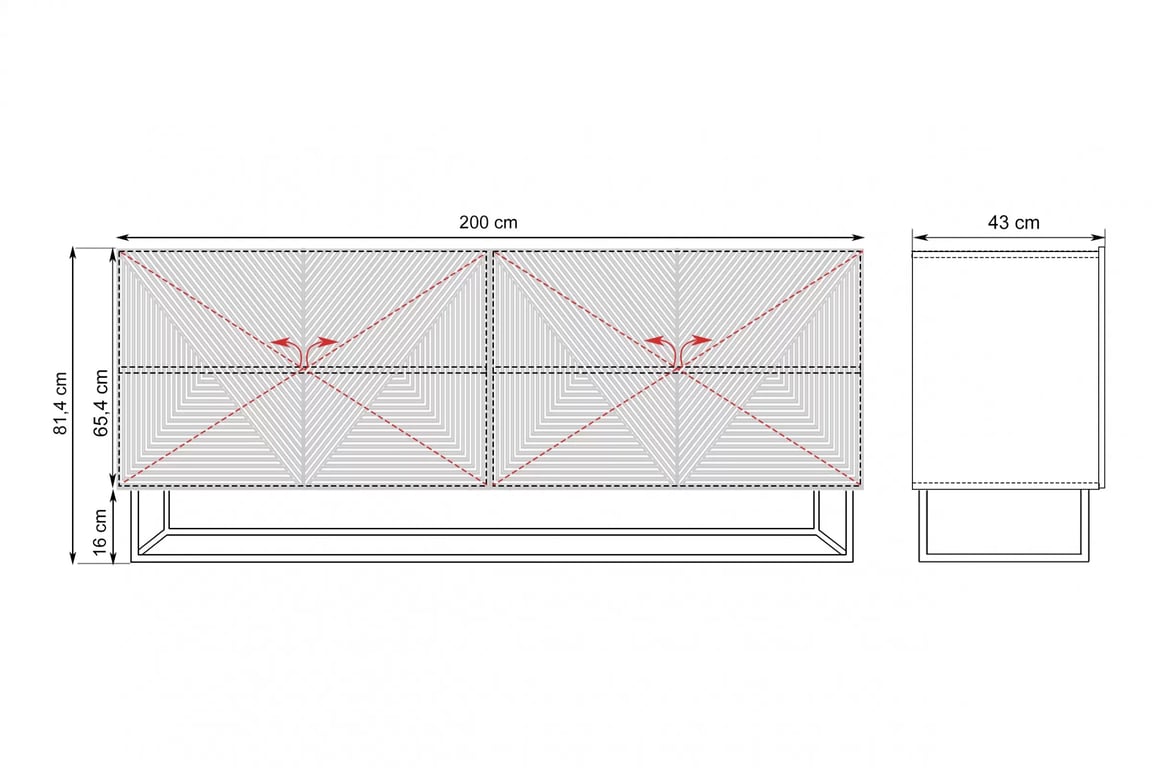 Komoda Asha 200 cm s rýhovaným čelem na kovovém rámu - kašmír Komoda Asha 200 cm s frézovanou přední částí i metalowym, czarnym stelazem - kašmír