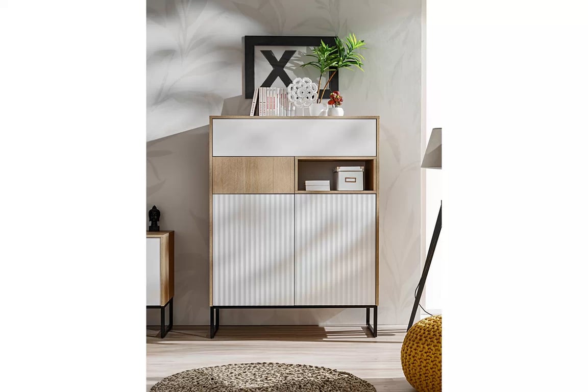 Bliwon komód 100 cm fiókokkal - skandináv halszálka / fehér matt Komód Bliwon K01 fiokokkal 100 cm - jodelka scandi / fehér mat